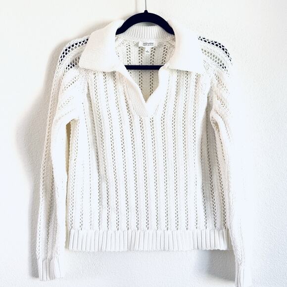 Haven Well Within Open Stitch Johnny Collar Cotton Blend Knit Sweater White - Picture 2 of 13